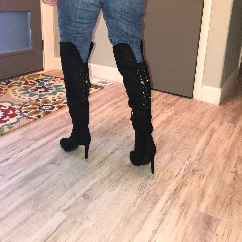 SAM & LIBBY OVER THE KNEE BLACK SUEDE HEELED BOOTS